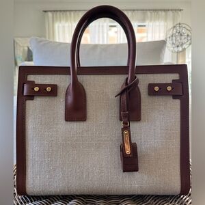 Saint Laurent Sac Du Jour Small Natural Linen/ Brown Leather trim